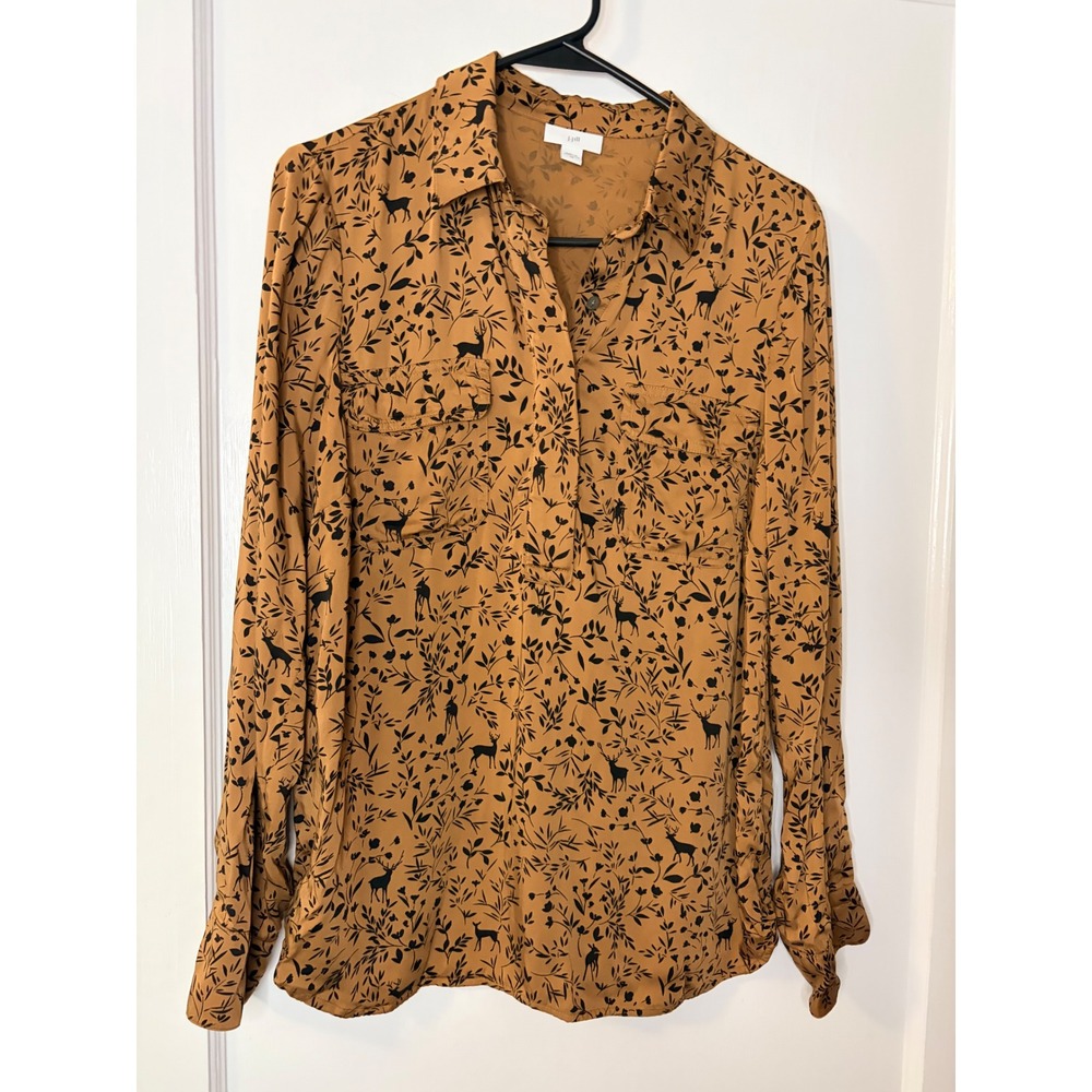 J. Jill XS Brown Deer Leaf Print Button Down Blouse Lenzing Ecovero Viscose